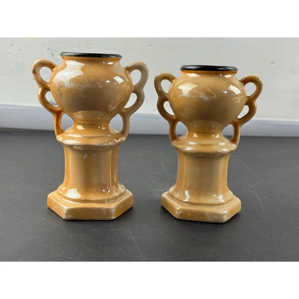 Vintage Czech Lusterware Miniature Trophy Vases Peach Iridescent Art Deco